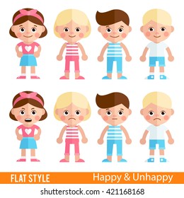 Funny and sad kids. Unhappy kids, happy children. Boys and girls with different emotions in a flat style.