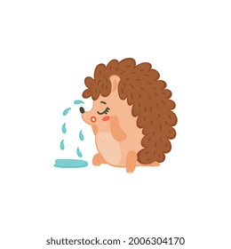 Funny sad little hedgehog crying with huge tears, flat vector illustration isolated on white background. Cartoon character of adorable childish hedgehog.