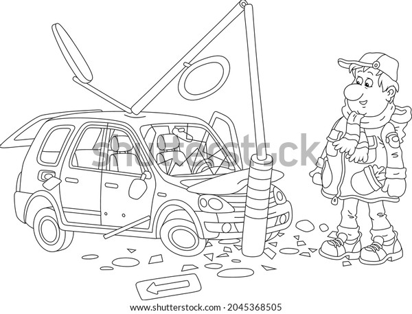 Funny sad man with his new car crashed into a
lamppost on a road, black and white outline vector cartoon
illustration for a coloring book
page