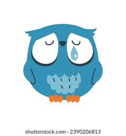 Funny sad owl crying, tear. Vector icon, bird sticker