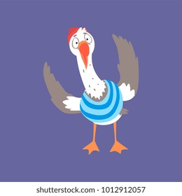 Funny sad seagull, cute comic bird character cartoon vector illustration