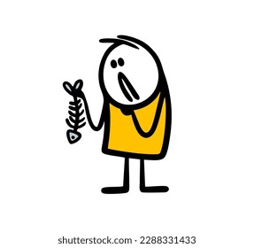 Funny sad stickman character holds fishbone in his hand and wonder who ate it. Vector illustration of cat food and human person.