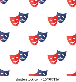 Funny and sad theater masks on white background, vector seamless pattern.