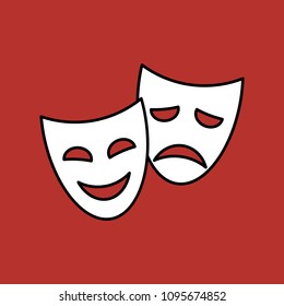 Funny and sad theater masks, vector linear icon on red background.