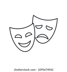 Funny and sad theater masks, vector linear icon on white background.