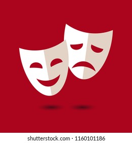 Funny and sad theater masks, vector icon on white background.