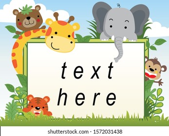 Funny safari animals cartoon with banner