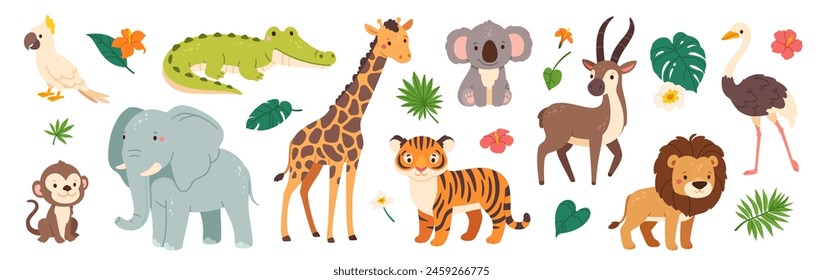 Lustige Safaritiere. Nette Cartoon Kinder Tierfigur. Wilder Tiger, Giraffe, glücklicher Koala, afrikanisches Krokodil, Dschungelaffe. Dschungelpflanze und dekorative Elemente. Vektorgrafik Kollektion. Tiger, Krokodil