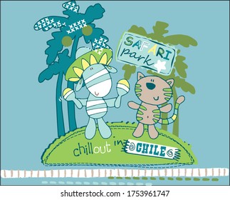 Funny safari park animals on green background vector character illustration	