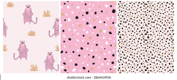 Funny Safari Party Seamless Vector Patterns Set. Wild Cat. Cute Infantile Style Nursery Art with Pink Leopard ideal for Fabric, Textile, Wrappinig 
Paper. Abstract Leopard Skin Print. Irregular Spots.