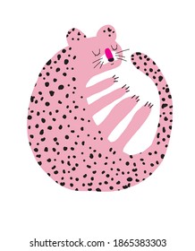 Funny Safari Party Vector Illustration. Dreamy Wild Cat. Cute Infantile Style Nursery Art with Pink Leopard ideal for Wall Art, Poster, Card, Invitation. Sweet Pink  Leopard.