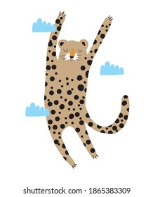 Funny Safari Party Vector Illustration. Dreamy Wild Cat Flying Among Clouds. Cute Infantile Style Nursery Art with Brown Leopard ideal for Wall Art, Poster, Card, Invitation. Funny Leopard.