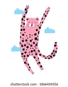 Funny Safari Party Vector Illustration. Dreamy Wild Cat Flying Among Clouds. Cute Infantile Style Nursery Art with Pink Leopard ideal for Wall Art, Poster, Card, Invitation. Funny Cheetah.