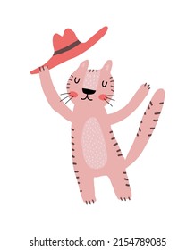 Funny Safari Party Vector Illustration. Pink Wild Cat with Red Hat on a White Background. Cute Infantile Style Nursery Art with Sweet Tiger ideal for Wall Art, Poster, Card,Invitation.Cat's Fashion.