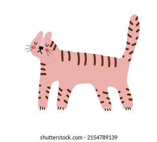 Funny Safari Party Vector Illustration. Pink Wild Cat on a White Background. Cute Infantile Style Nursery Art with Sweet Tiger ideal for Wall Art, Poster, Card, Invitation.