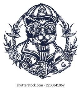 Funny sailor cat. Kitten pirate. Sea adventure animals. Old school tattoo vector art. Hand drawn graphic. Isolated on white. Traditional flash tattooing style