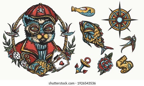 Funny sailor cat. Sea adventure set. Old school tattoo vector elements. Funny pets art, animals hand drawn