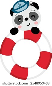 Engraçado panda de marinheiro com boia de salvamento