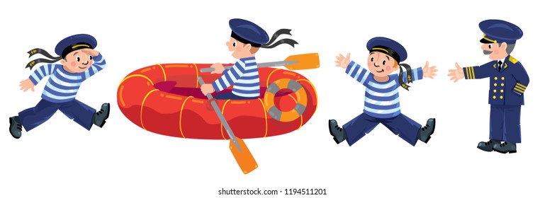 Funny sailors with boat and captain set