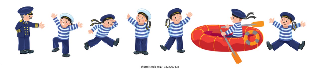 Funny sailors and captain vector illustration set