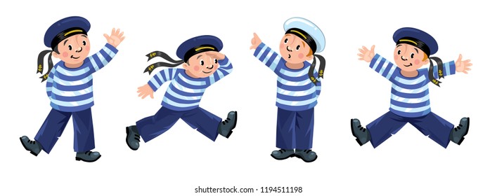Funny sailors or mariners kids illustration set