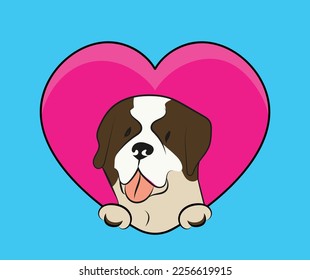 Funny Saint Bernard dog hanging with paws in a big Valentine's day heart. Love heart with pet head and heart and footprint. Dog face Holding Pink Heart Cartoon Icon. St Valentine's day for dog funs.