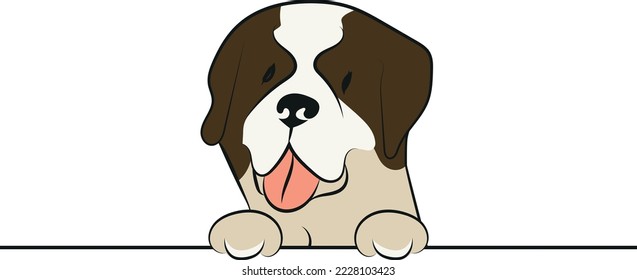 Funny saint bernard dog with paws over a white wall, in a pocket vector illustration. Funny dog smiling. Cute dog head on a white background. Hand-drawn mascot. Smiling dog muzzle. BFF.