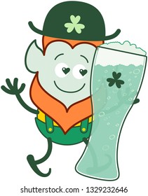 Funny Saint Patrick's Day Leprechaun with red beard, pointy ears and traditional shorts with suspenders showing how much he is in love with a huge glass of beer