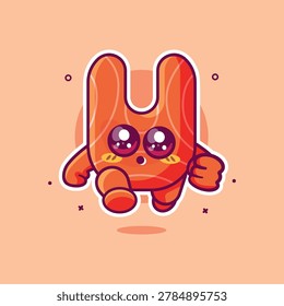 funny salmon fish fillet character mascot running isolated cartoon in flat style design 