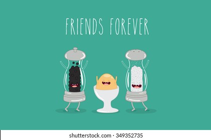 Funny salt, pepper and boiled egg illustration. Vector cartoon. Friends forever. Comic characters. Use for the menu, in the shop, in the bar, the card or stickers. Easy to edit.