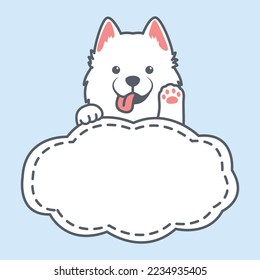 Funny samoyed dog waving paw with frame border template cartoon, vector illustration