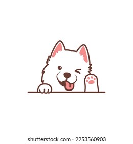 Funny samoyed dog winking eye and waving paw cartoon, vector illustration