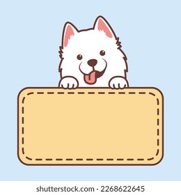 Funny samoyed puppy with frame border template cartoon, vector illustration