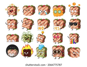 Funny sandwich cartoon character sticker set. Collection of vector illustrations with different emotions of cute and happy drawn sandwich isolated on white background. Food, emotions concept