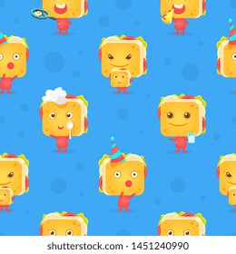 Funny Sandwich Character Seamless Pattern, Childish Design Element Can Be Used for Wallpaper, Packaging, Background Vector Illustration