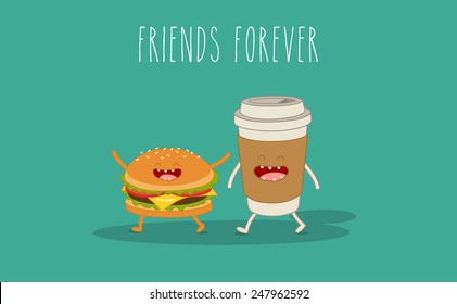 Funny sandwich and coffee. Vector cartoon. Friends forever. Use for card, poster, banner, web design and print on 
t-shirt. Easy to edit. Vector illustration.