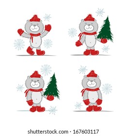 Funny santa bear with christmas tree for your design