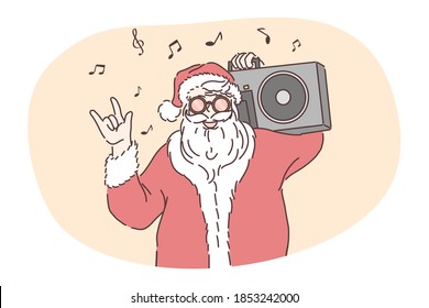 Funny Santa, celebrating Christmas and New year holidays concept. Funny hipster brutal Santa cartoon character in traditional red hat and costume listening to pop music and showing cool gesture 