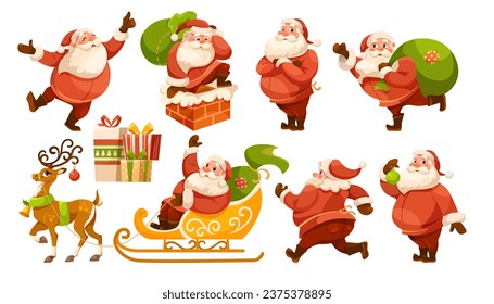 Funny Santa Character with White Beard and Red Hat Engaged in Different Activity Vector Set