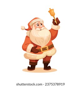 Funny Santa Character with White Beard and Red Hat Hold Bell Vector Illustration