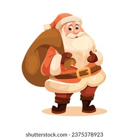 Gracioso personaje de Santa con barba blanca y sombrero rojo cargando saco con vectores de regalo Ilustración