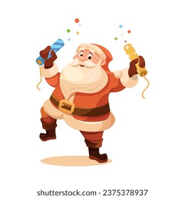 Funny Santa Character with White Beard and Red Hat with Firecrackers Vector Illustration