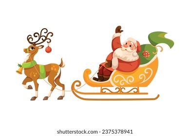 Funny Santa Character with White Beard and Red Hat Ride Sledge with Reindeer Vector Illustration