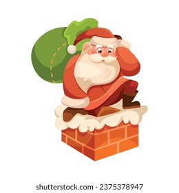 Funny Santa Character with White Beard and Red Hat Climb in Chimney with Sack Vector Illustration