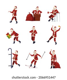 Funny santa. Christmas fairy tale character in action poses holding gifts making exercises red jackets and pants garish vector cartoon illustration