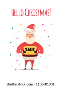 Funny santa. Christmas greeting card background poster. Vector illustration. Xmas sale.