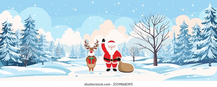 Funny santa. Christmas greeting card on Winter Vocation background with Christmas tree inspired winter landscape
