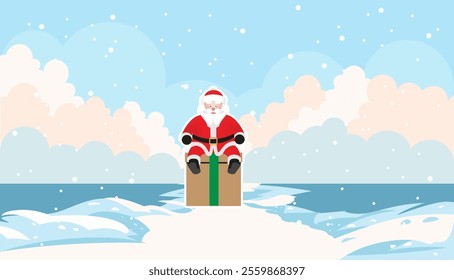 Funny santa. Christmas greeting card on Winter Vocation background with Christmas tree inspired winter landscape
