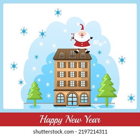 Funny Santa Claus - 2023. Vector greeting card Merry Christmas. Happy New Year. Ho-ho-ho! Cartoon hotel.