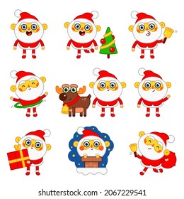 Funny Santa Claus in actions vector cartoon Christmas characters set isolated on a white background.